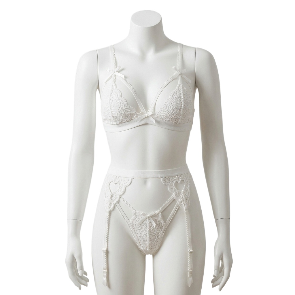 Lace Bralette Set - Women's 3 Piece Lace Lingerie Set